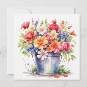Waterverf Zomer Tuin Bloemen in een Emmer  Kaart