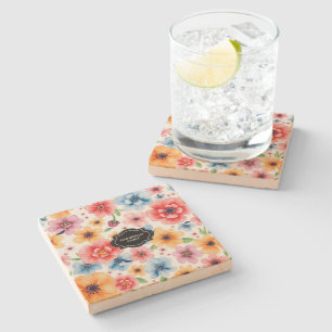 Waterverf zomerbloemenpatroon met monogram stenen onderzetter
