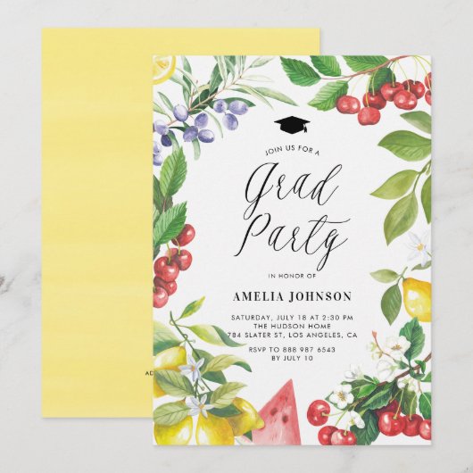Waterverf Zomerfruit Bloemen Graduation Party Kaart (Voorkant / Achterkant)