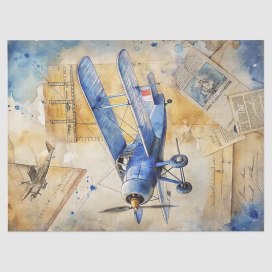 Waterverf zomerreis blauw retro vliegtuig tissuepapier (Voorkant)