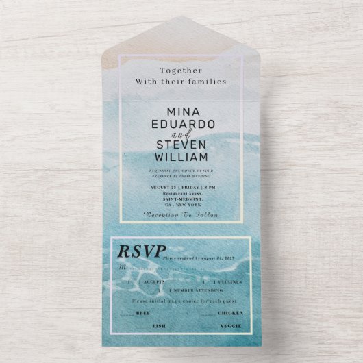 Waterverf zomerstrand bruiloft all in one uitnodiging (Binnen)