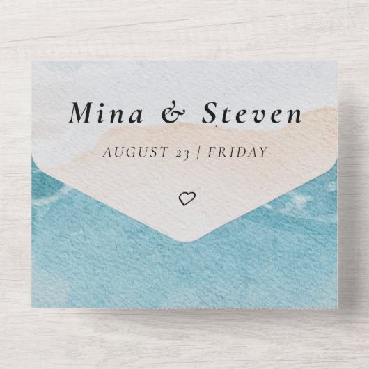 Waterverf zomerstrand bruiloft all in one uitnodiging (Achterkant)