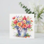 Waterverf zomertuin bloeit in een emmer kaart (Staand voorkant)