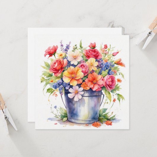 Waterverf zomertuin bloeit in een emmer kaart (Voorkant / Achterkant in situ)