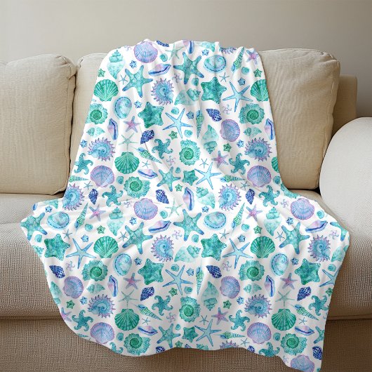 Waterverf Zomerzeeschelpen en Zeesterren Kust Fleece Deken
