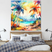 Waterverf zon door het palmy strand canvas afdruk (Insitu (Slaapkamer))