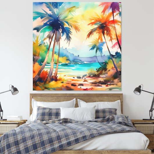 Waterverf zon door het palmy strand canvas afdruk (Insitu (Slaapkamer))