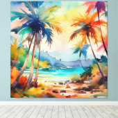 Waterverf zon door het palmy strand canvas afdruk (Insitu (Houten vloer))