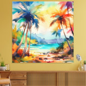 Waterverf zon door het palmy strand canvas afdruk (Insitu (Woonkamer))