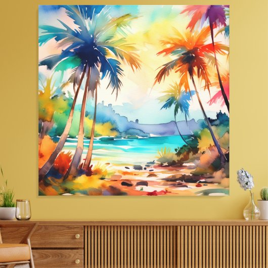 Waterverf zon door het palmy strand canvas afdruk (Insitu (Woonkamer))