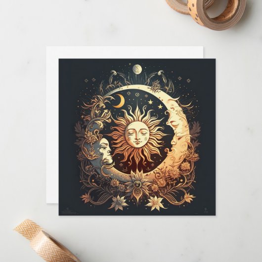 Waterverf Zon en Maan Celestial Notitiekaartje (Voorkant / Achterkant in situ)