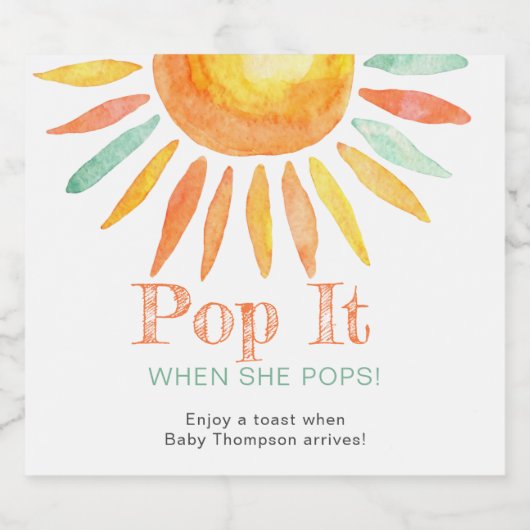 Waterverf zon Schattigee zon Pop het als ze Poppen Sparkling Wijnetiket (Enkel label)