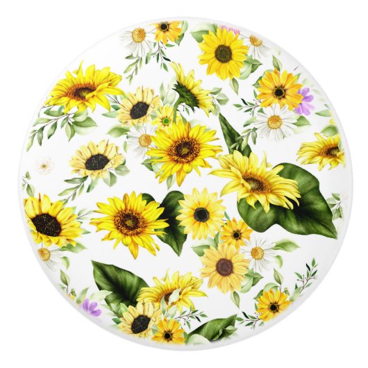 Waterverf Zonnebloem 7 Keramische Knop (Voorkant)