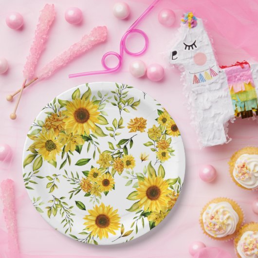 Waterverf Zonnebloem 8 Papieren Bordje (Feest)