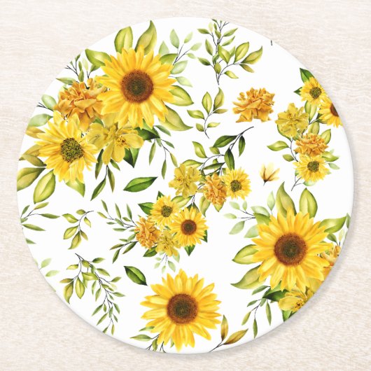 Waterverf Zonnebloem 8 Ronde Kartonnen Onderzetter (Voorkant)