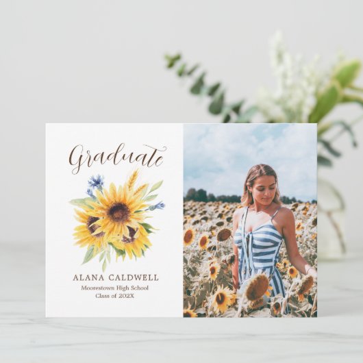 Waterverf Zonnebloem Afstuderen Foto Aankondiging (Staand voorkant)