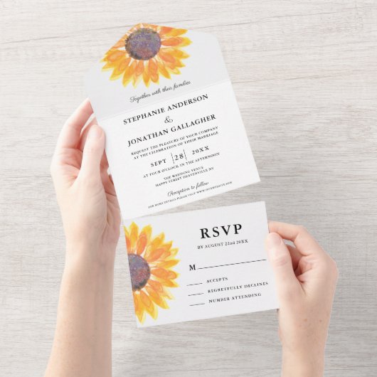 Waterverf Zonnebloem Alle in één bruiloft Uitnodig All In One Uitnodiging (Afscheurbaar)