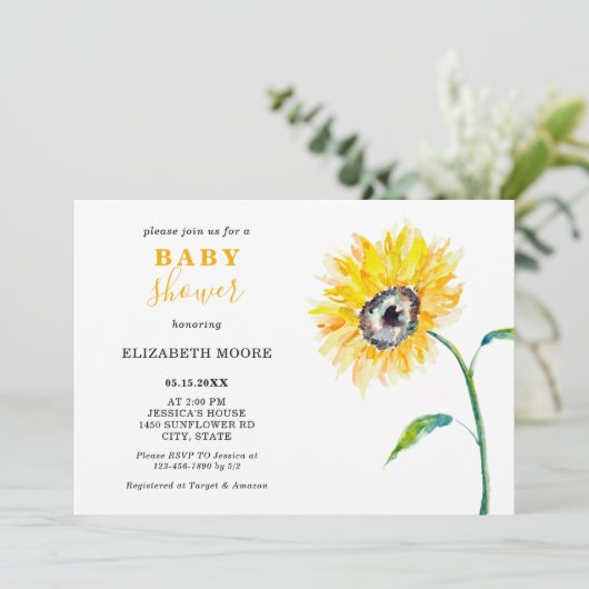 Waterverf zonnebloem Baby shower elegant eenvoudig Kaart (Staand voorkant)