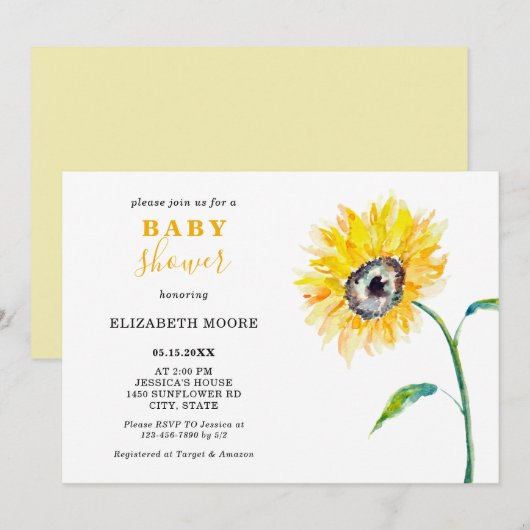 Waterverf zonnebloem Baby shower elegant eenvoudig Kaart (Voorkant / Achterkant)