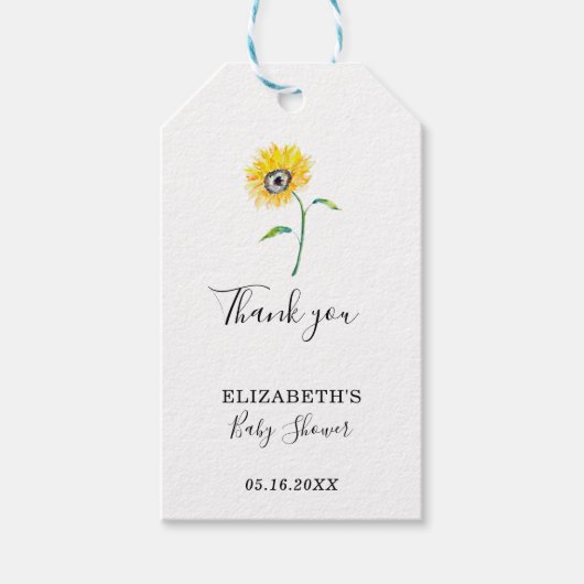 Waterverf Zonnebloem Baby shower Hartelijk dank Cadeaulabel (Voorkant)