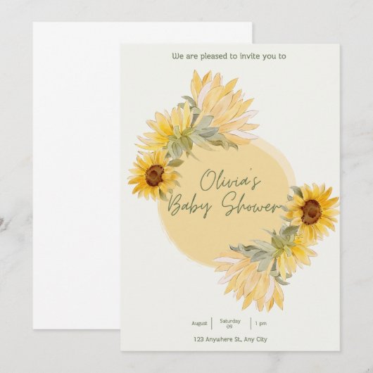 Waterverf Zonnebloem Baby shower Uitnodiging (Voorkant / Achterkant)