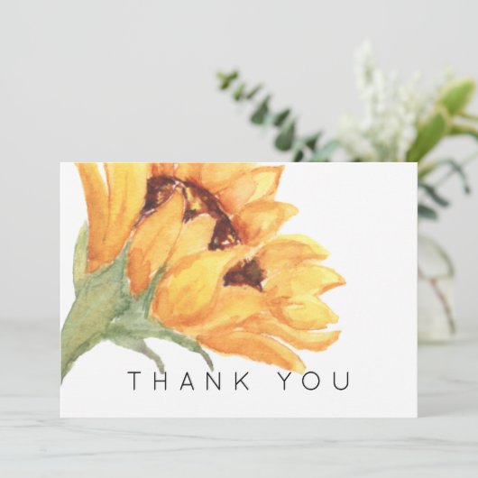 Waterverf Zonnebloem begrafenis Dank u Bedankkaart (Staand voorkant)
