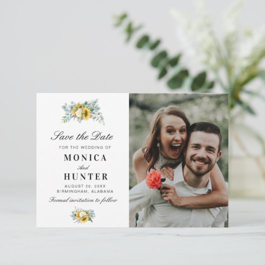 waterverf zonnebloem bewaar de datum fotokaart save the date (Staand voorkant)