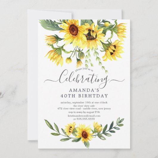 Waterverf Zonnebloem Birthday Party Kaart (Voorkant)