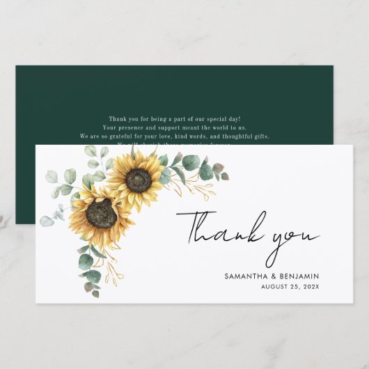 Waterverf Zonnebloem Bloemen Eucalyptus Huwelijk Bedankkaart (Voorkant / Achterkant)