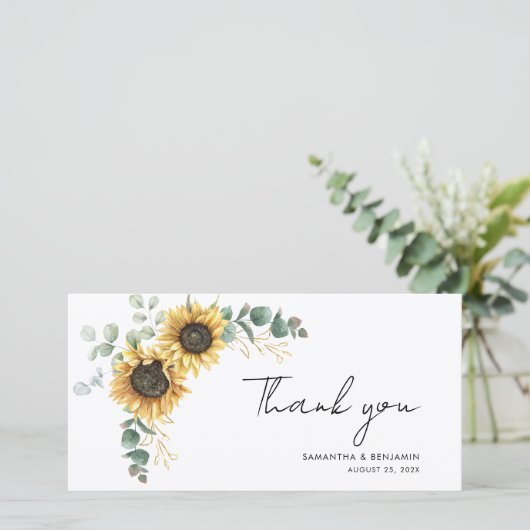 Waterverf Zonnebloem Bloemen Eucalyptus Huwelijk Bedankkaart (Staand voorkant)