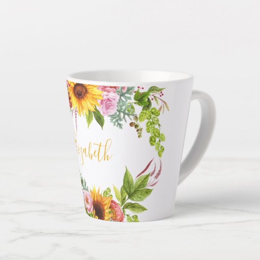 Waterverf Zonnebloem Bloemen Geel Naam Latte Mok (Rechterhoek)