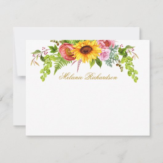 Waterverf Zonnebloem Bloemen Goud Gepersonaliseerd Notitiekaartje (Voorkant)