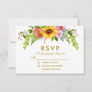 Waterverf Zonnebloem Bloemen Gouden Huwelijk RSVP Kaartje