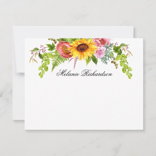 Waterverf Zonnebloem Bloemen Groen Gepersonaliseer Notitiekaartje (Voorkant)