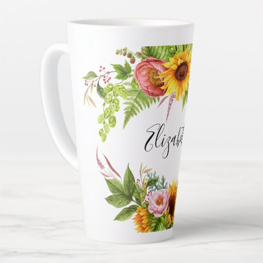 Waterverf Zonnebloem Bloemen Naam Groot Latte Mok (Linkerhoek)