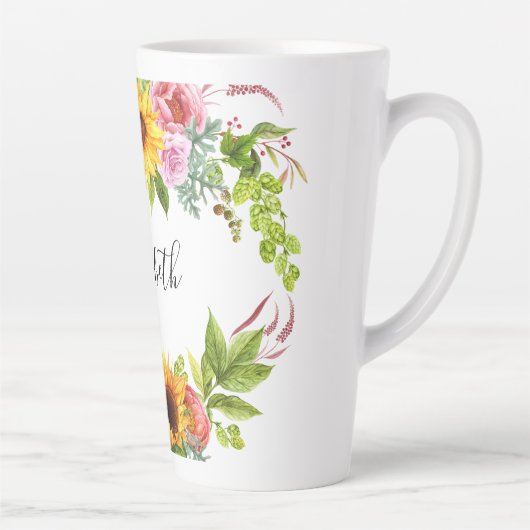 Waterverf Zonnebloem Bloemen Naam Groot Latte Mok (Rechts)