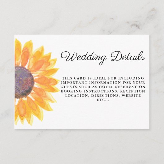 Waterverf zonnebloem bruiloft details informatiekaartje (Voorkant)