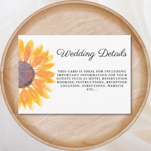 Waterverf zonnebloem bruiloft details informatiekaartje