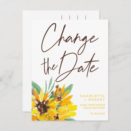 Waterverf Zonnebloem bruiloft Verander de datum Aankondigingskaart (Voorkant / Achterkant)