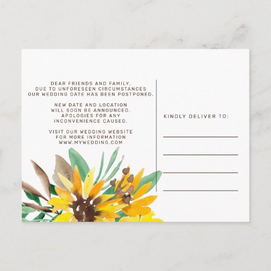 Waterverf Zonnebloem bruiloft Verander de datum Aankondigingskaart (Achterkant)
