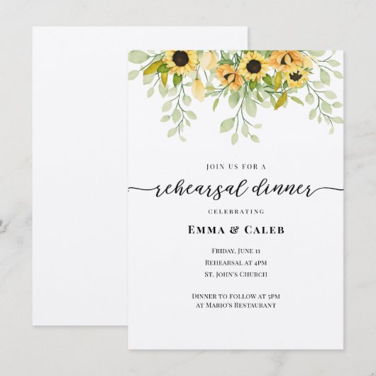 Waterverf Zonnebloem Cascade Repetitie Diner Kaart (Voorkant / Achterkant)