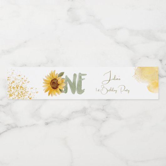 Waterverf zonnebloem eerste verjaardag waterfles etiket (Enkel label)