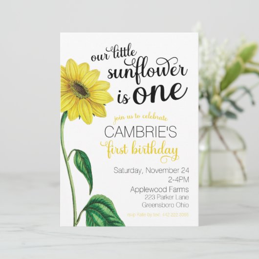 Waterverf Zonnebloem Eerste Verjaardagsuitnodiging Kaart (Staand voorkant)