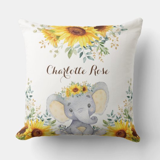 Waterverf Zonnebloem Elephant Baby Girl Nursery Kussen (Voorkant)
