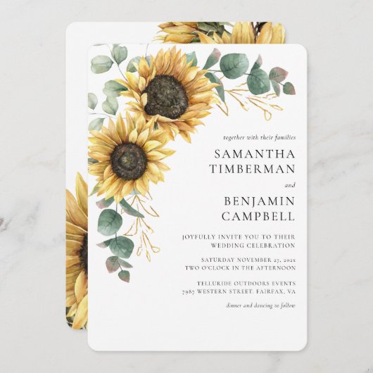 Waterverf Zonnebloem en Eucalyptus bruiloft Kaart (Voorkant / Achterkant)