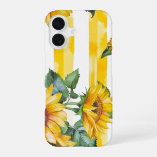 Waterverf Zonnebloem en Gele Strepen Patroon iPhone 16 Hoesje