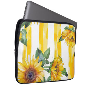 Waterverf Zonnebloem en Gele Strepen Patroon Laptop Sleeve