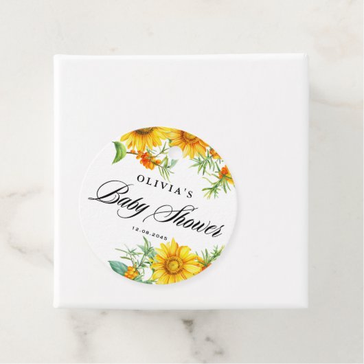 Waterverf Zonnebloem en Seabuckthorn Baby shower Bedankjes Labels (In situ)