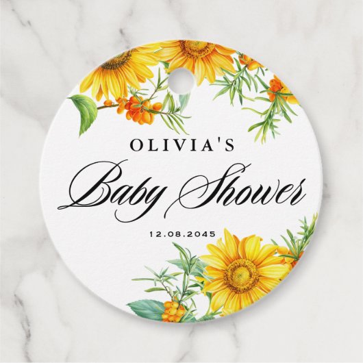 Waterverf Zonnebloem en Seabuckthorn Baby shower Bedankjes Labels (Voorkant)