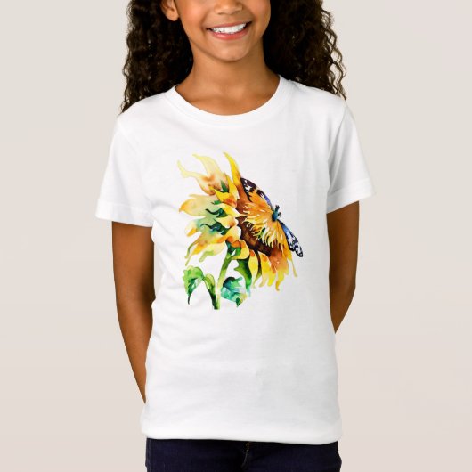 Waterverf zonnebloem en vlinder t-shirt (Voorkant)